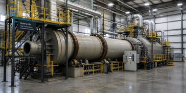 Large rotary kiln inside an industrial facility with metal walkways and pipes.