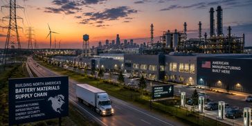 Industrial complex at sunset emphasizing North America's battery supply chain.