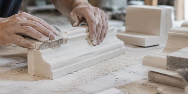 Hands sanding a piece of white molding in a workshop.