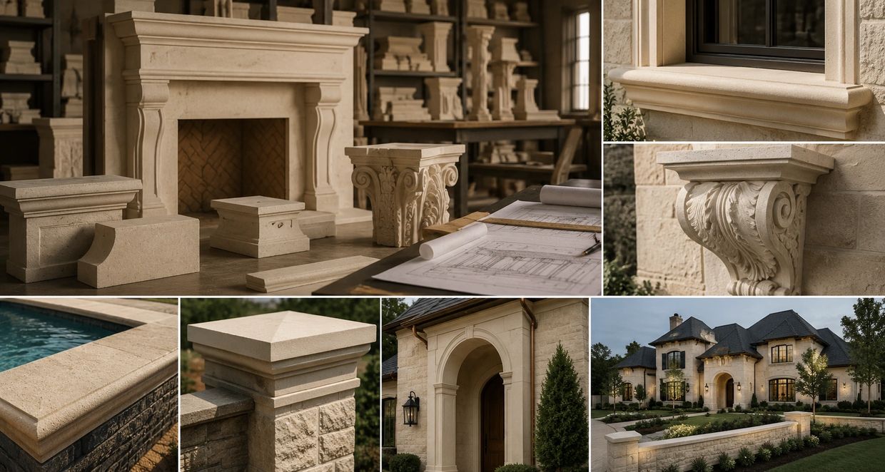 Elegant limestone architectural details and a luxurious home exterior at dusk.