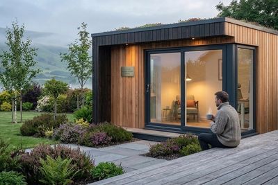 A man enjoys a peaceful moment outside a modern wooden garden office.