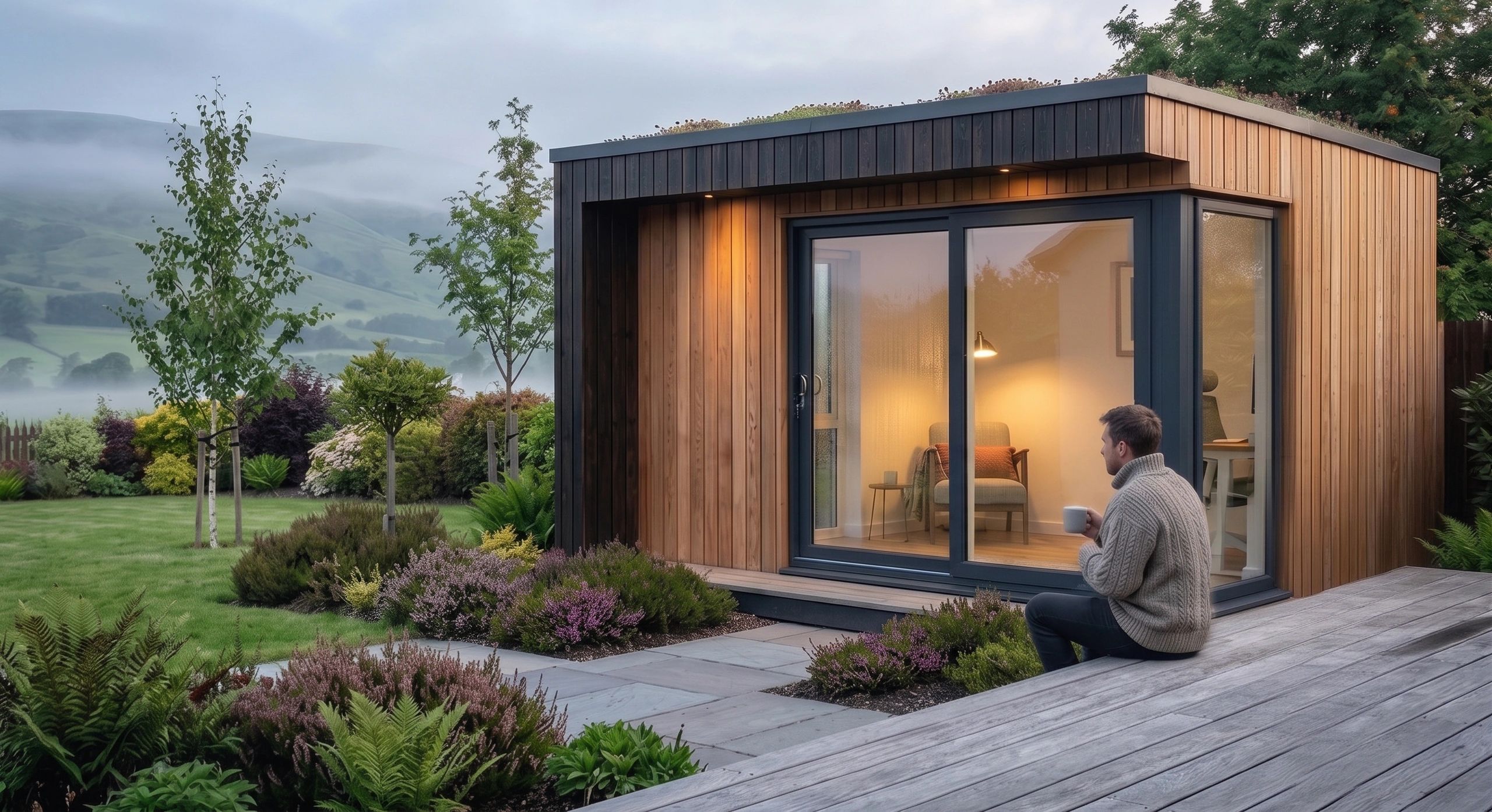 Man enjoying a quiet moment outside a modern garden office pod in a scenic garden.