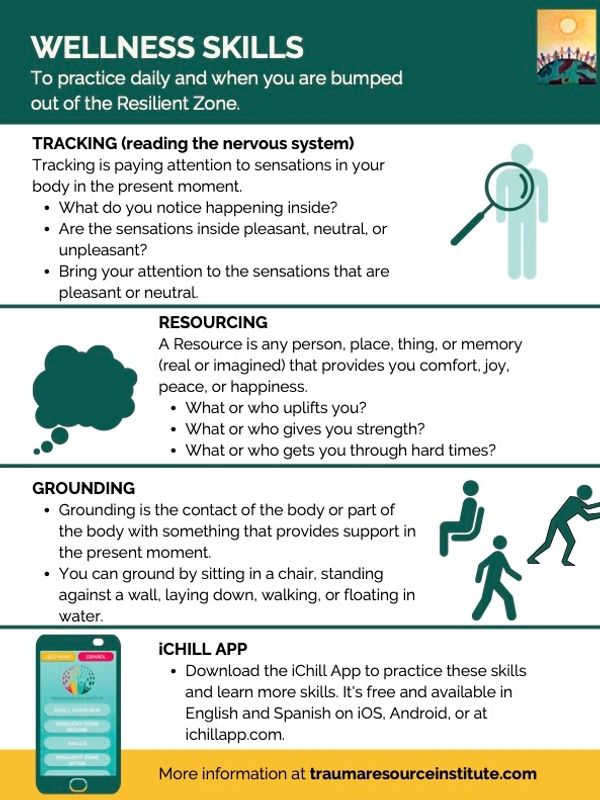 Skills for emotional regulation. Resource, Grounding, and iChill App.  