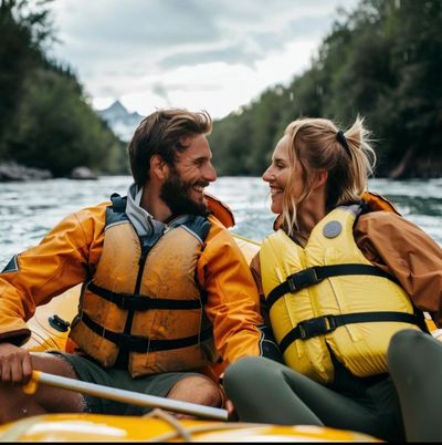 Love on the river. Rafting in the wilderness.
