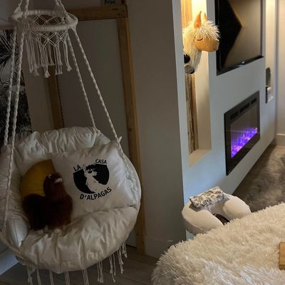 Cozy indoor corner with a hammock chair, alpaca pillow, and soft toys.
