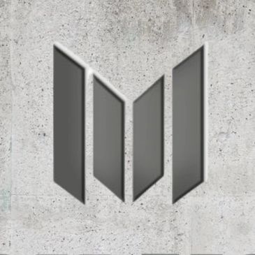 Gray geometric logo on a concrete wall background.