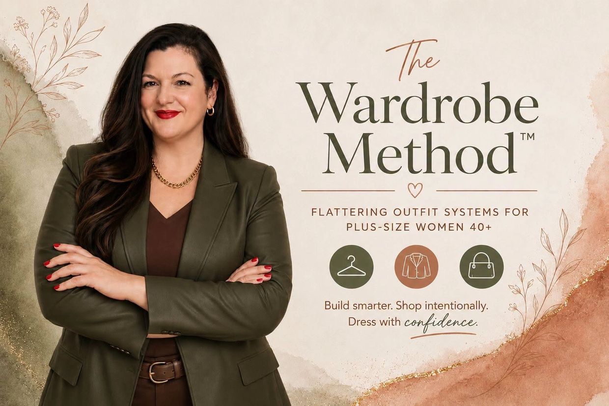 Plus-size woman promoting The Wardrobe Method for confident dressing.