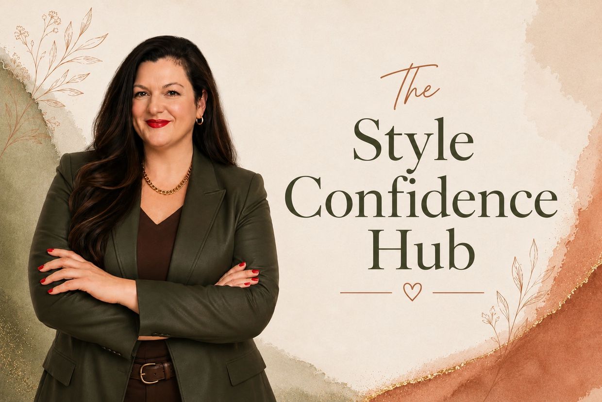 Confident woman in stylish olive blazer promoting The Style Confidence Hub.