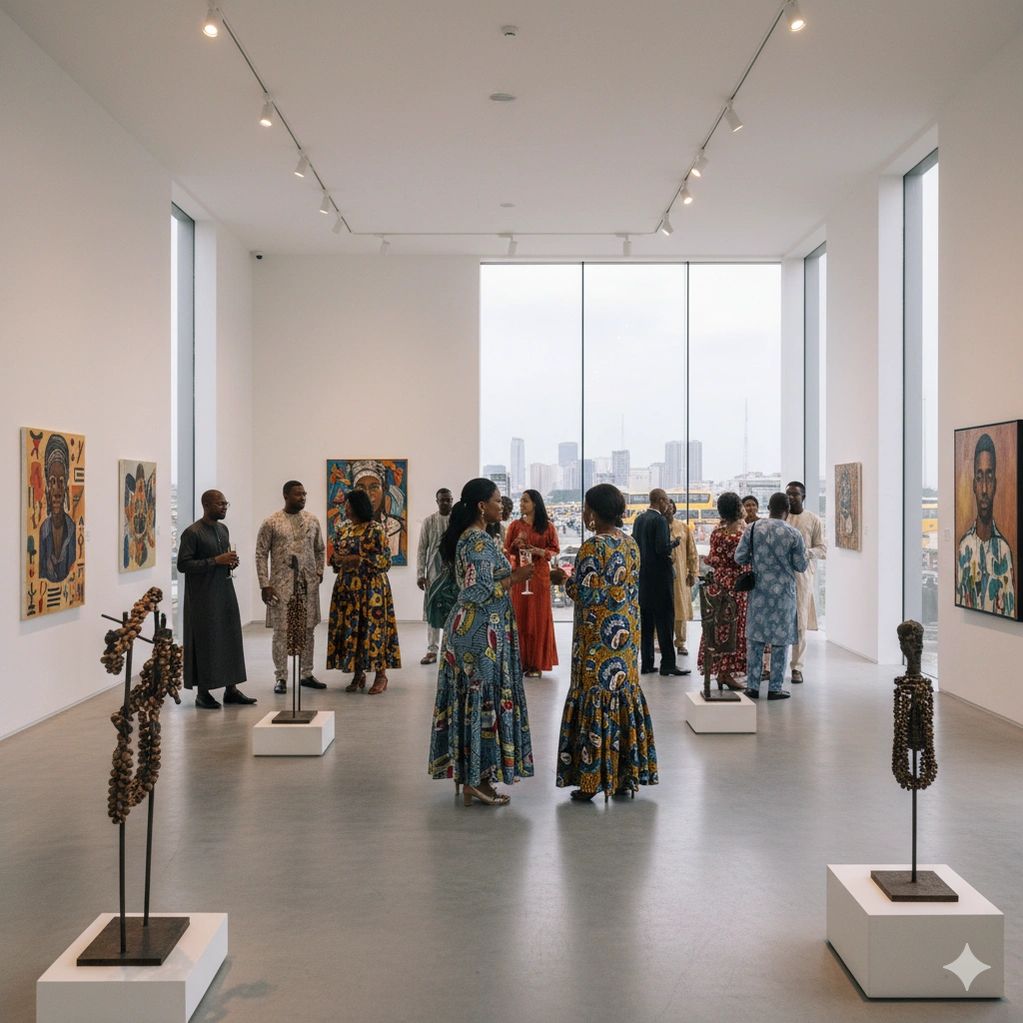 A refined contemporary gallery showcasing bold Nigerian artworks under soft, elegant lighting. This 