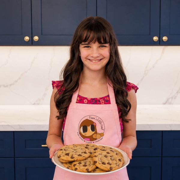 Smiling girl in pink apron holding plate of chocolate chip cookies.