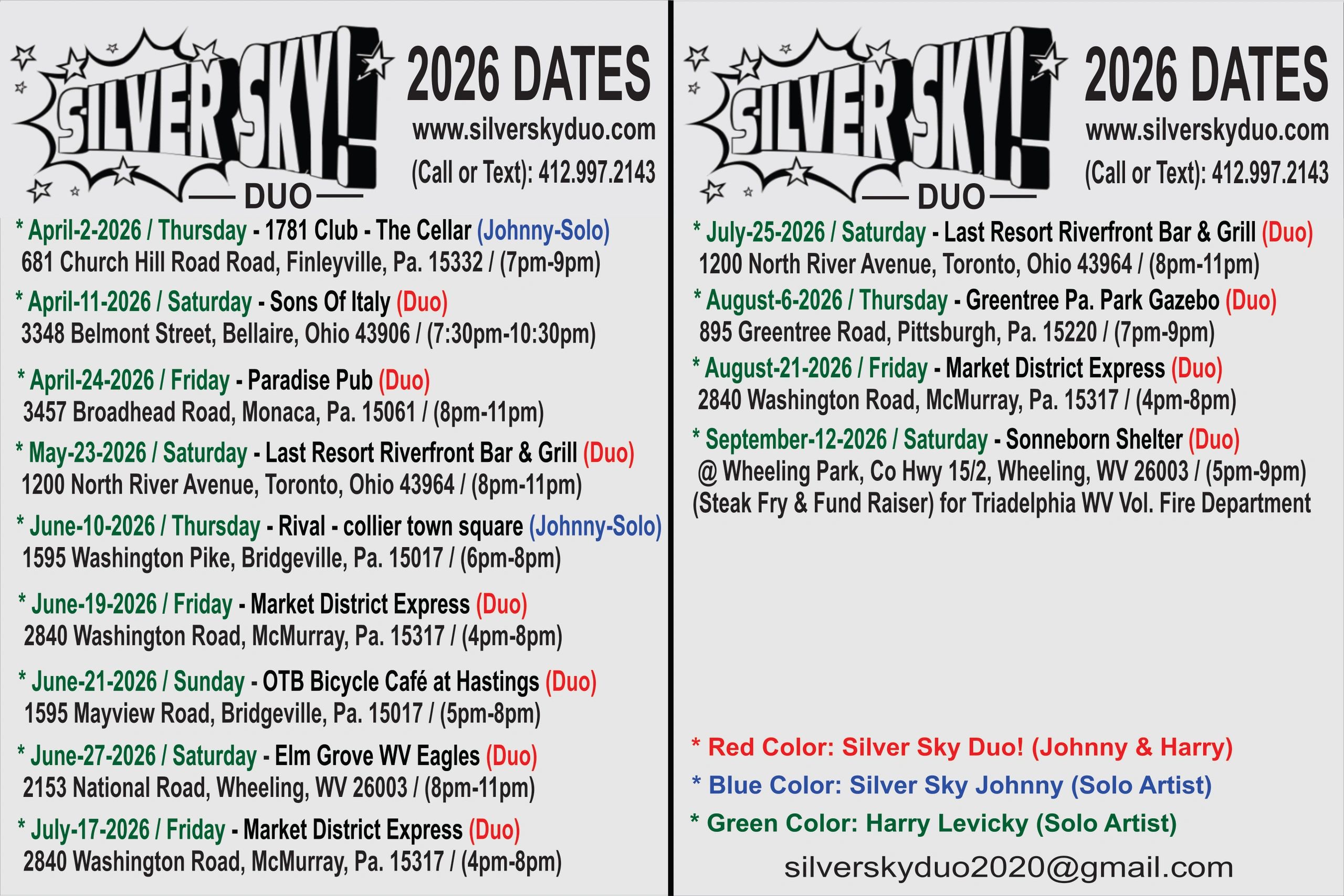 Silver Sky Duo 2026 tour dates with locations and times.
