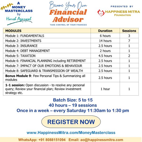 Financial advisor masterclass with 9 modules and personal sessions, held weekly on Saturdays.