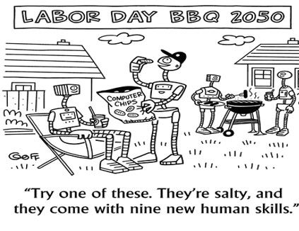 Robots at a futuristic Labor Day BBQ enjoying 'computer chips' with new human skills.