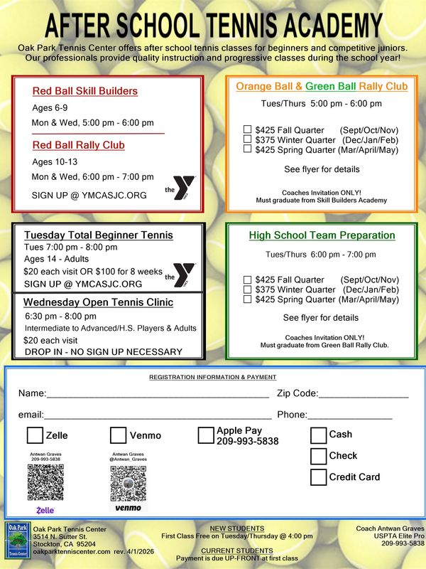 After School Tennis Academy offers classes for various age groups and skill levels with registration details included.