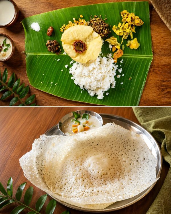 Traditional South Indian meal with rice, sambar, and dosa.