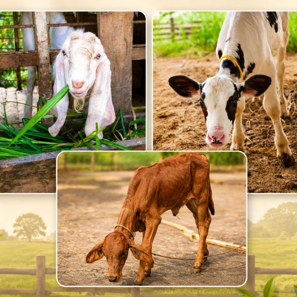 Farm animals including goats and calves eating and grazing.