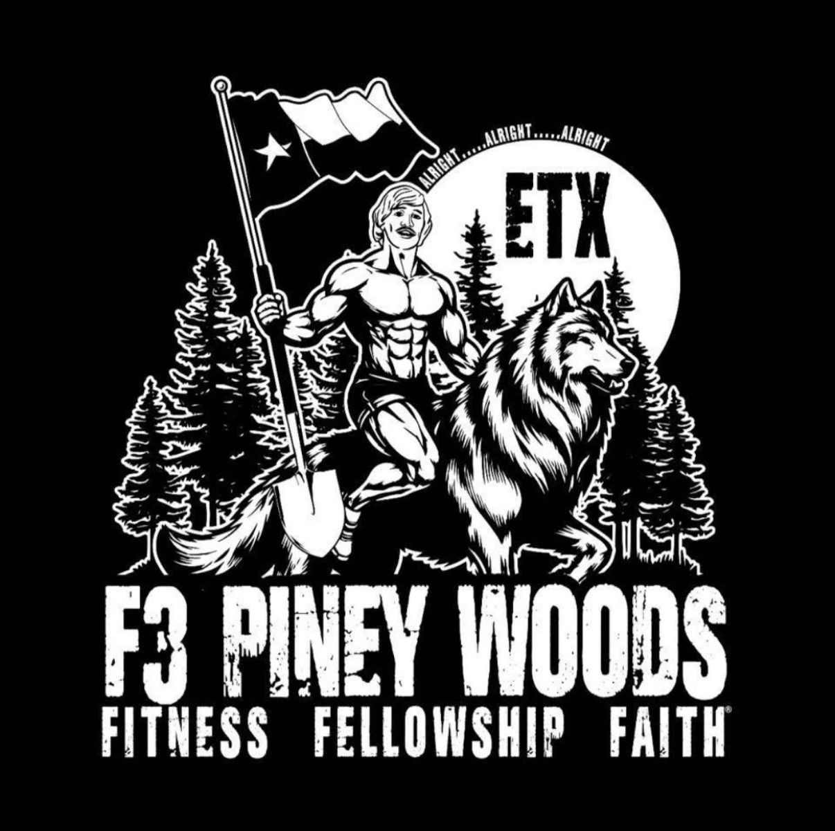 Muscular man with Texas flag riding a wolf in pine woods, symbolizing fitness and fellowship.
