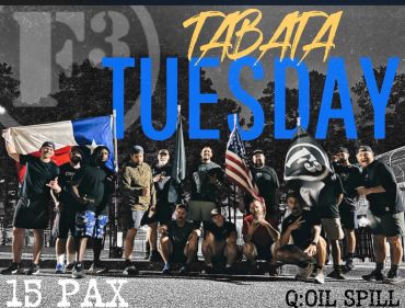 Group of people with flags promoting Tabata Tuesday workout.