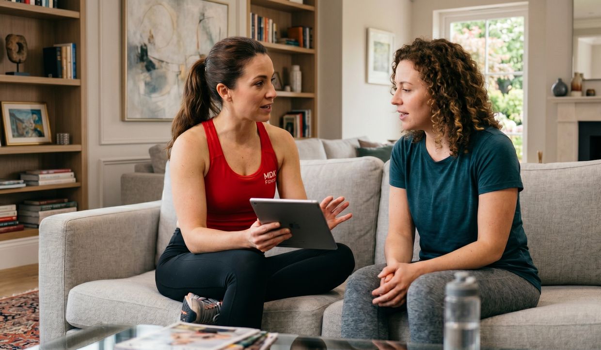 Two women discussing fitness plans on a tablet while sitting on a couch.