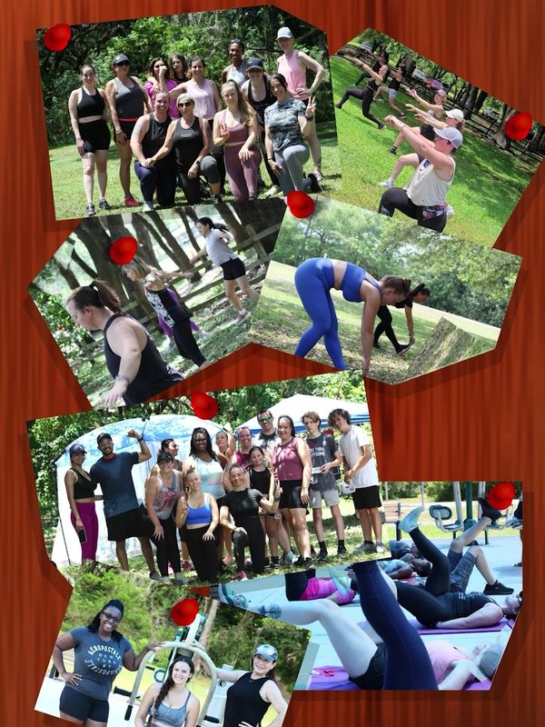 Collage of diverse group outdoor fitness sessions and group photos.