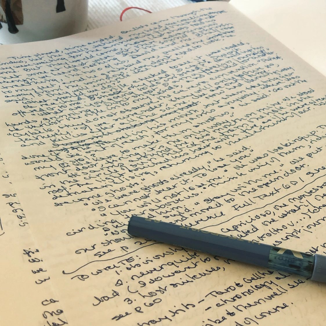 I write by hand, in pen, in a Leuchtturm bound notebook.  I type like the wind (summer jobs) but fin