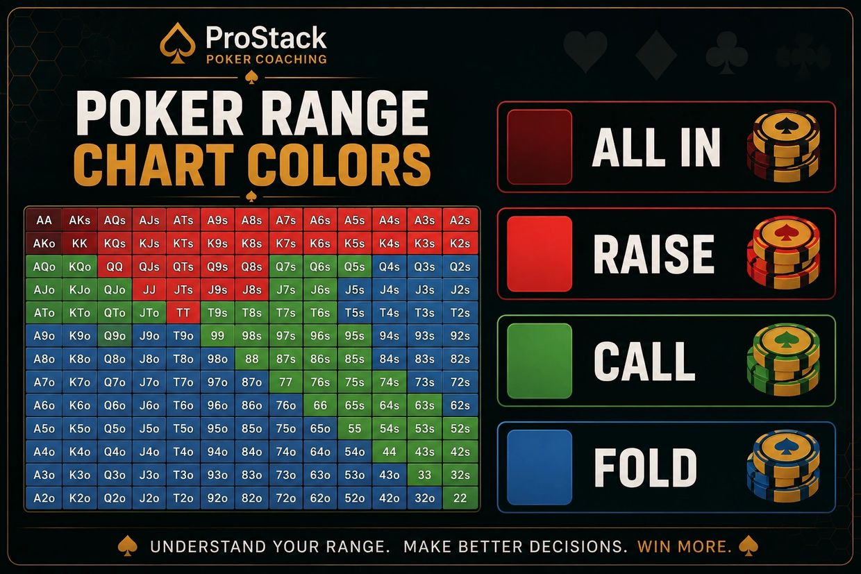 Poker range chart color codes explained with actions like all in, raise, call, and fold.
