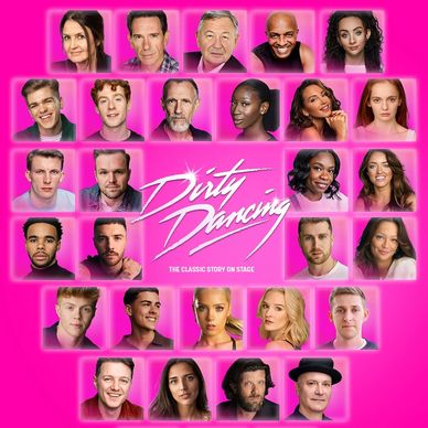 Cast collage for Dirty Dancing stage show on bright pink background.
