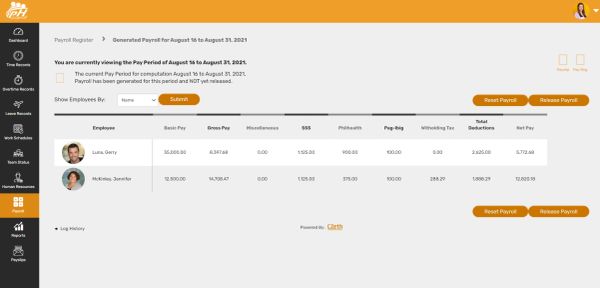 Payroll register interface showing employee pay details for August.