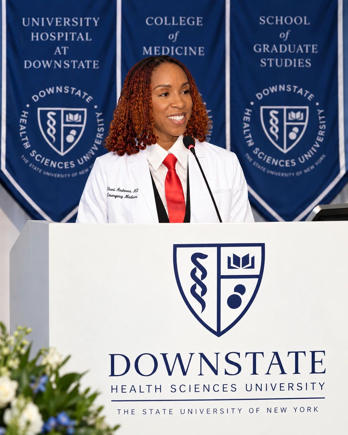 Woman in white coat speaking at Downstate Health Sciences University.