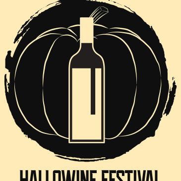 Halloween-themed wine festival logo with pumpkin and bottle.