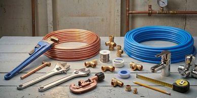 Plumbing tools and materials neatly arranged on a workbench.