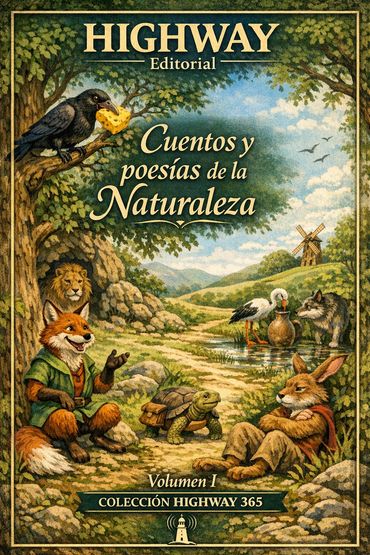 Portada de libro con animales y paisaje natural.