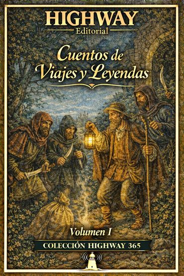 Portada de libro con viajeros y leyendas.