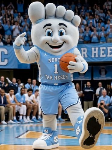 North Carolina Tar Heels basketball mascot in a lively game setting.