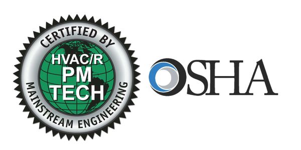 Certification badge for HVAC/R PM Tech by Mainstream Engineering and OSHA logo.