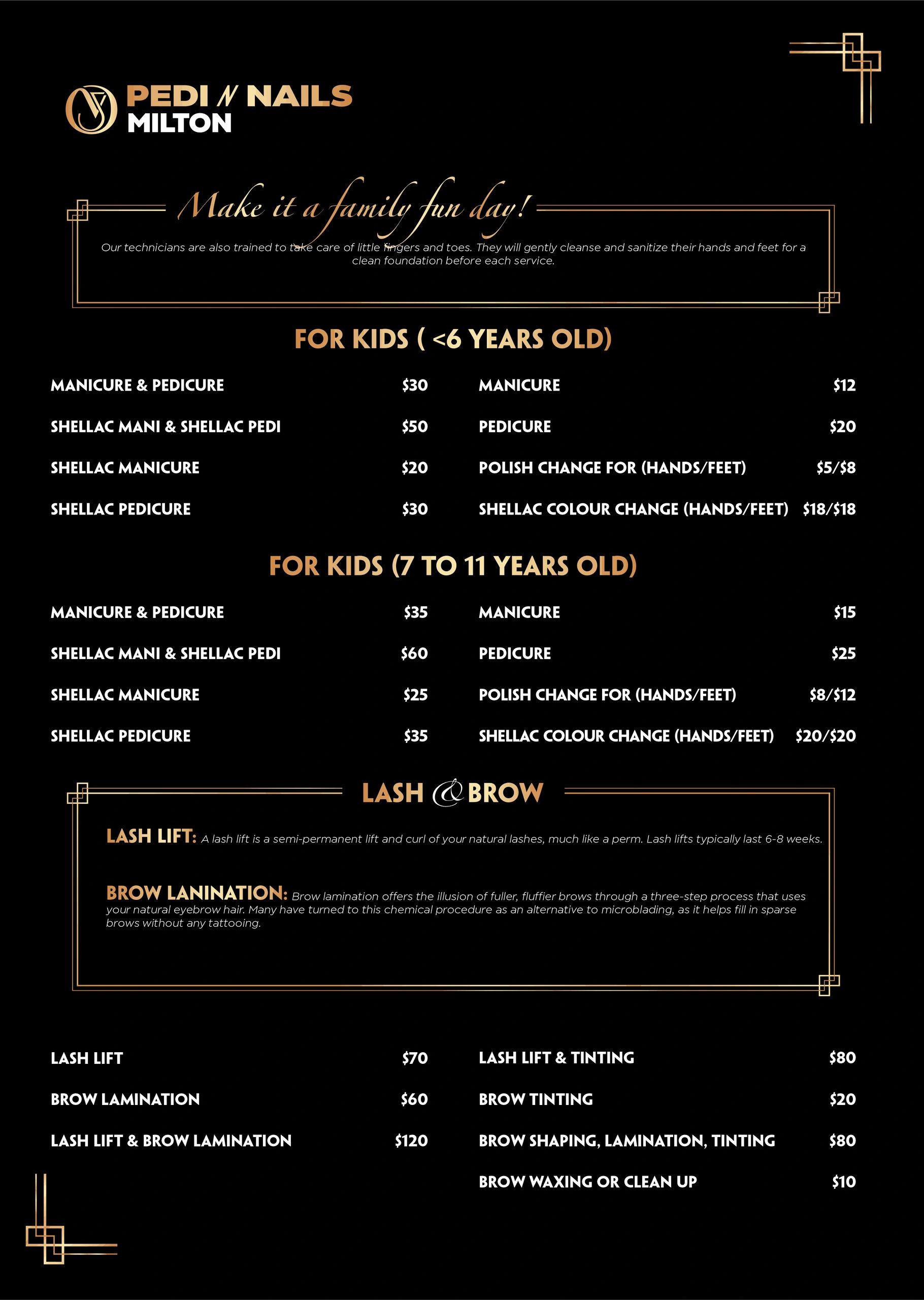 Pedi/Nails Milton offers nail and brow services for kids under 12 and lash treatments with detailed pricing.