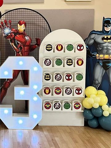 A shelf wall for displaying party bags, party boxes or party favours. 