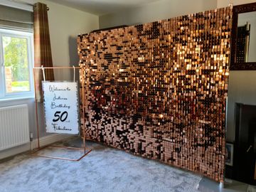 Rose gold sequin wall to hire in sussex