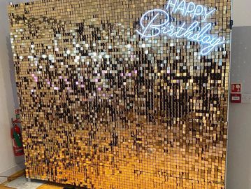 gold sequin wall neon happy birthday sign to hire