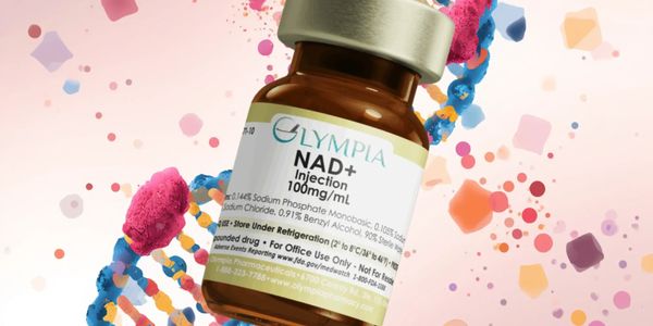 A vial of NAD+ injection with a DNA strand background.