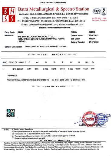 Final inspection report for material testing of CRC sheet sample.