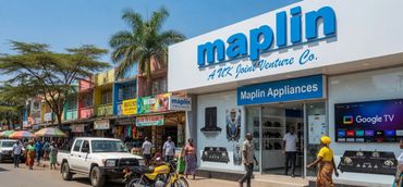 Busy street scene with Maplin electronics store and various shops.