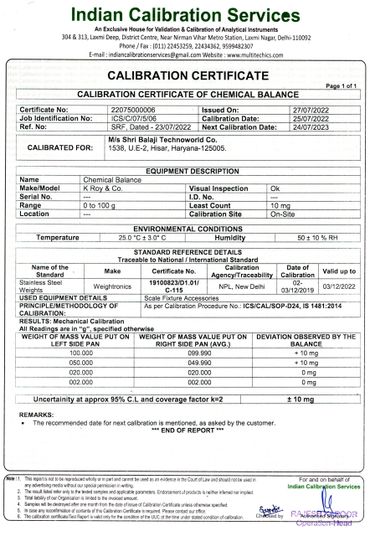 Calibration certificate for chemical balance issued by Indian Calibration Services.