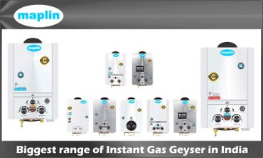 Various models of Maplin instant gas geysers displayed.