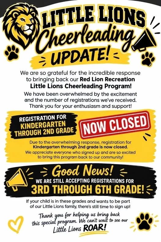 Little Lions Cheerleading registration update for grades K-6.