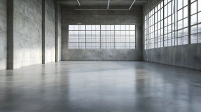 Empty industrial-style room with large windows.