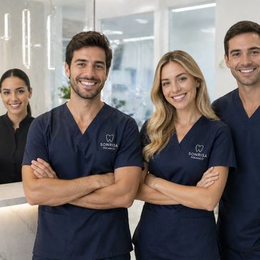 Smiling dental team in navy scrubs at a clinic reception.