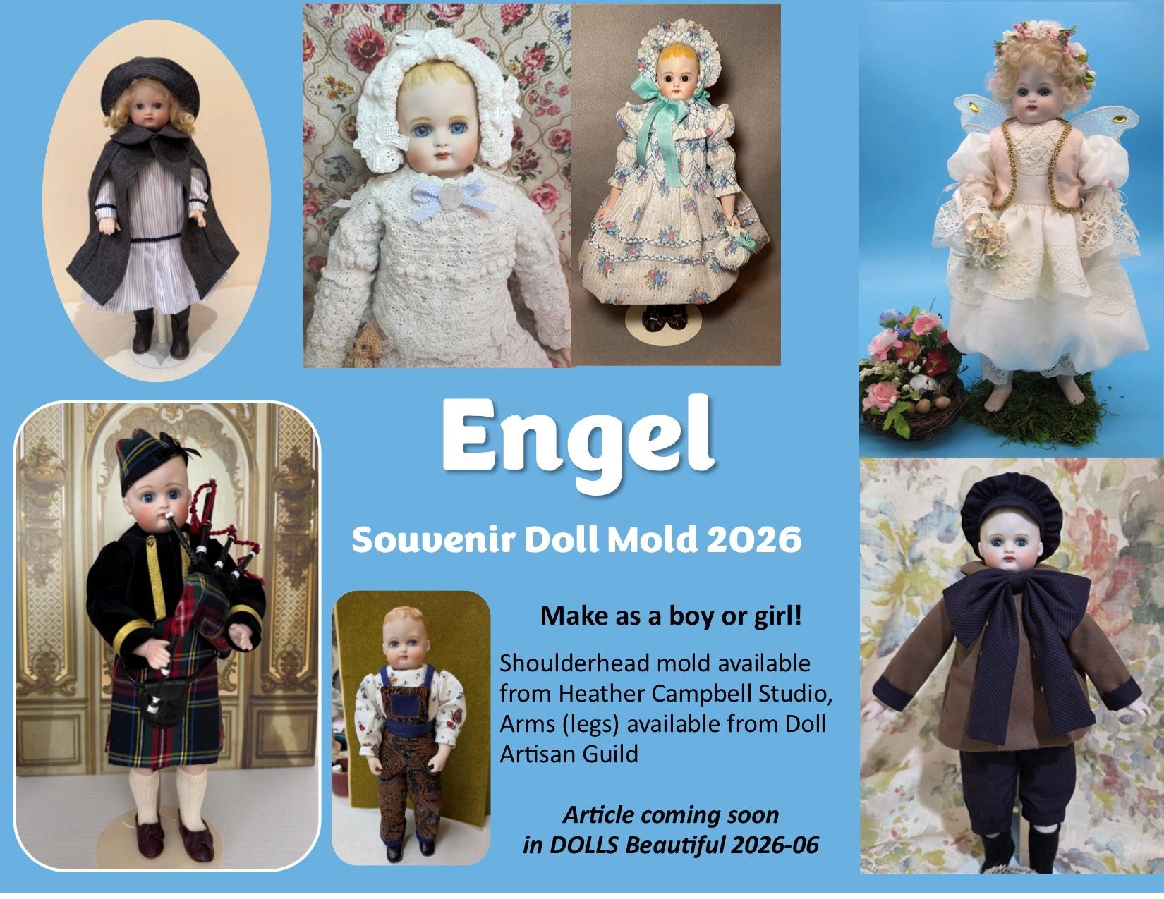 Various dolls made from Engel Souvenir Doll Mold 2026 in different costumes and styles.