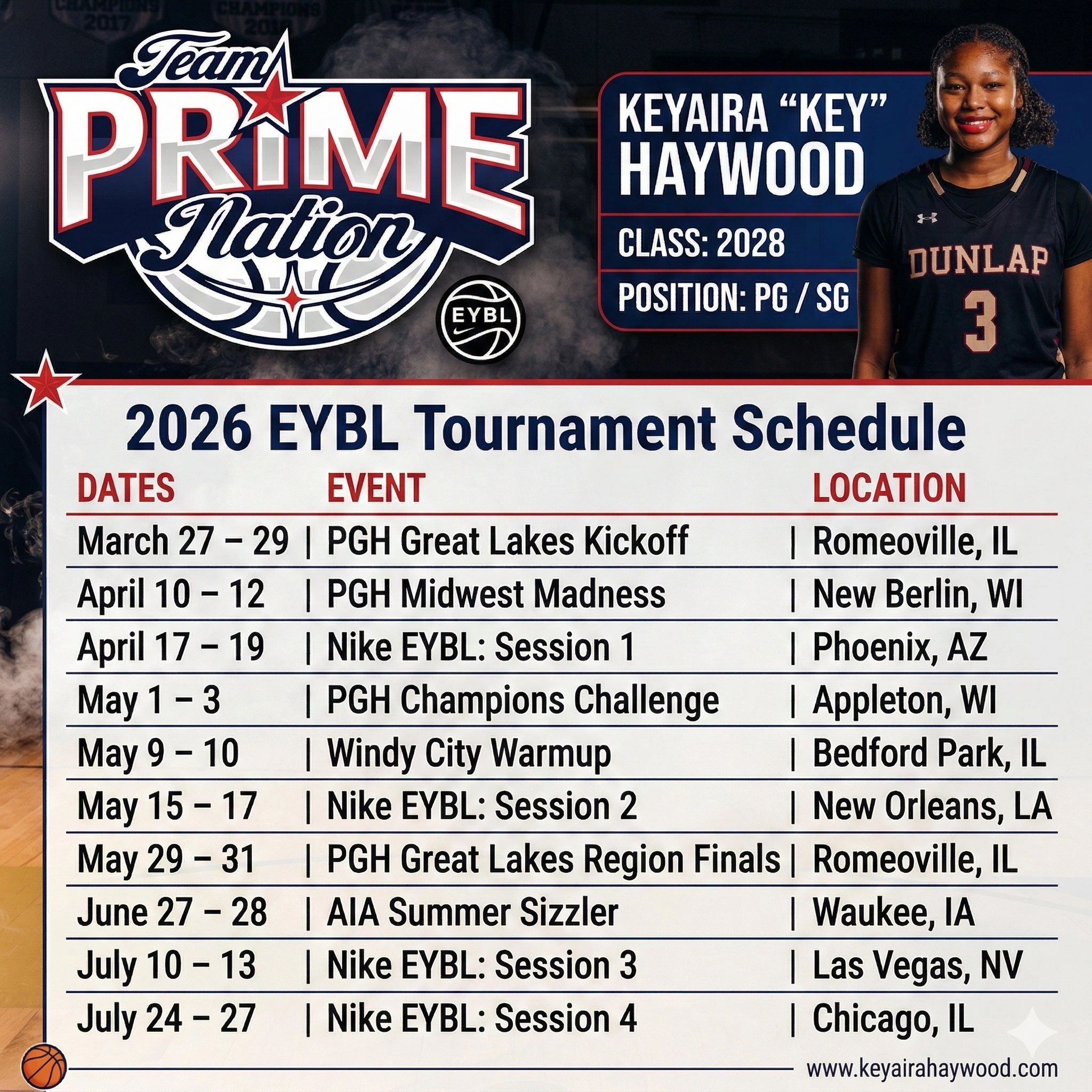 Basketball player Keyaira Haywood and 2026 EYBL tournament schedule.
