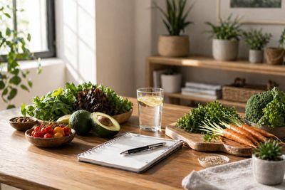 Fresh vegetables and a glass of water on a kitchen table with a notebook and pen.